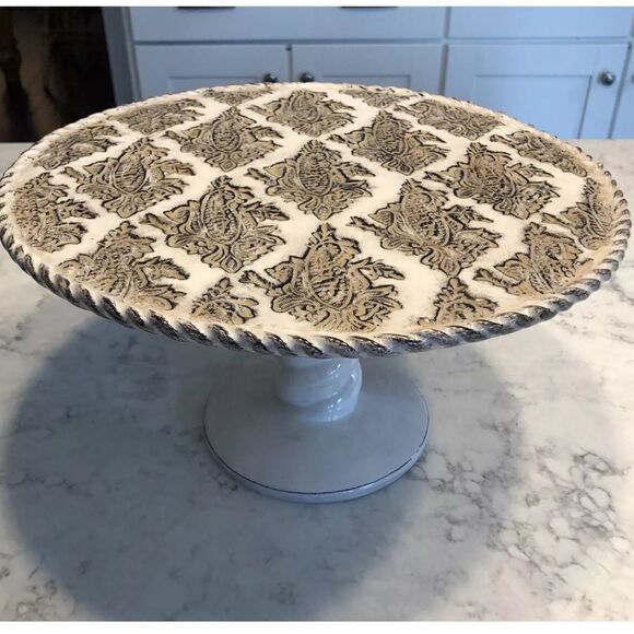 Vintage Cake Stand Studio B By Magenta Bloomingdales Glazed Pottery 12.5” X 6.5” - Picture 1 of 8